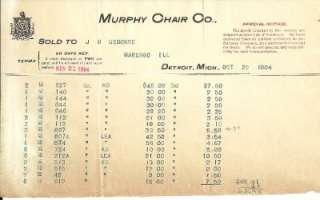 1904 Invoice From The Murphy Chair Co. Detroit, Michigan  