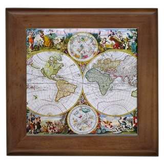 Antique World Map Framed Tile 5.5 inch cherry wood New  