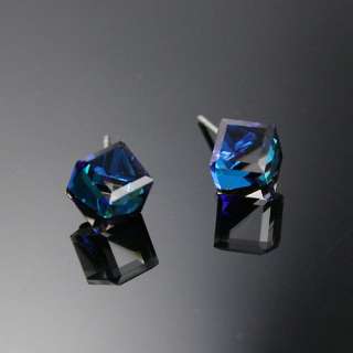AB Moonlight Blue Diamond Crystal Ice Cube 6mm Crystal 925 Silver Stud 