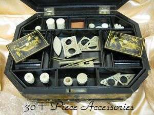 CANTONESE LACQUER & GILT SEWING BOX 30+ ACCESSORIES  