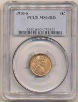 1910 S LINCOLN CENT MS64RD PCGS. Fiery Original RED Color.  