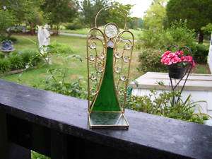 STUNNING GREEN STAINED GLASS ANGEL VOTIVE CANDLE HOLDER  