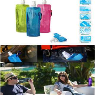 Flexible Foldable Reusable Water Bottle Bag W/Carabiner 16oz/480ml 