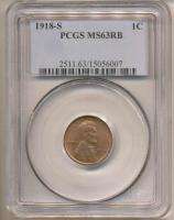 1918 S LINCOLN CENT MS63RB PCGS. Lots of Red/Sharply Struck.  