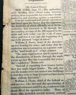 WALL STREET Stock Market NYC Bombing 1920 Old Newspaper  