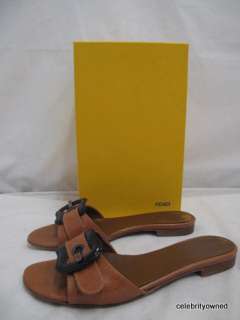Fendi Tan Leather/Black B Buckle Slip On Sandals 38.5  