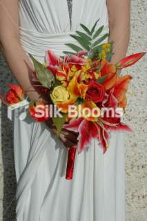 Tropical Red Yellow Orange & Pink Bouquet, Roses Lilies  