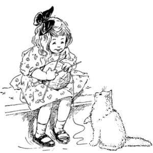  Little girl knitting with cat Rubber Stamp WM Arts 