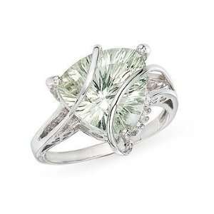   Trillion Cut Green Amethyst and Diamond 10K White Gold Ring Jewelry