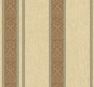 Wallpaper Brown Damask Stripe Aqua Gold on Cream Faux  