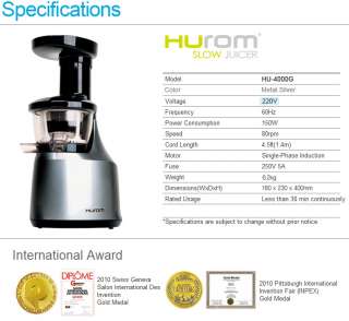 2012 NEW Hurom HU 4000G Slow Juicer Extractor Wheatgrass Vegetable 