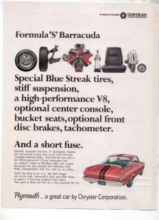 1966 1967 PLYMOUTH BARRACUDA FORMULA S VINTAGE CAR AD  