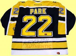 Boston Bruins jersey autographed by Brad Park. The jersey is semi pro 