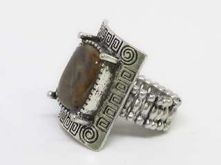 Brown Stone Silver Tone Elastic One Size Ring s0359  