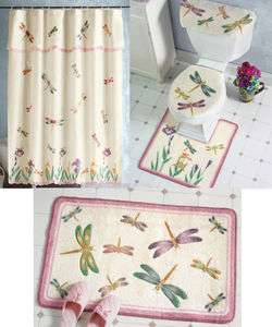 Dragonfly Butterfly Flower Floral Shower Curtain Bath Rug Set Door 