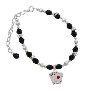  Card Hand   Hearts Black Czech Glass Beaded Charm Bracelet 