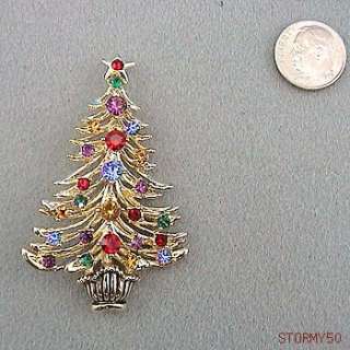 CHRISTMAS TREE PIN BROOCH with Swarovski Crystal ORNAMENTS Gorgeous 