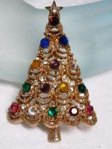   Goldtone Multi Color Rhinestone ORNAMENT Holiday Christmas Tree Brooch