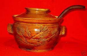 POTTERY SOUP TUREEN   BROWN w PINE CONE  