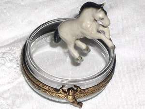 Limoges Porcelain White Horse on Crystal Trinket Box  