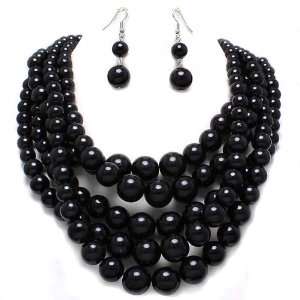  Chunky Black Faux Simulated Pearls Layered Statement Bib Necklace 