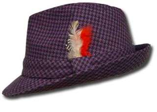 PURPLE BLK HOUNDSTOOTH FEATHER FEDORA TRILBY HAT LG XL  