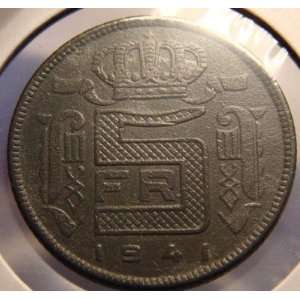   Belgian 5 Francs    WWII Nazi Germany Occupation Coin    Made of Zinc
