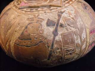 Vintage Carved Painted Gourd bowl RARE rustic peasant  