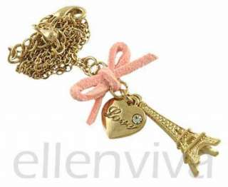 Paris Eiffel Tower Pink Bow Heart Pendant Necklace Jewelry Gold Tone 
