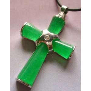  Green Jade Inlaid Christan Cross Pendant 