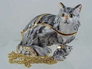  long haired gray tabby cat trinket box goldtone metal enameled 