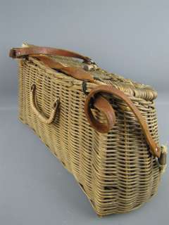 Vintage WICKER FISHING CREEL Basket w/ Leather Strap  