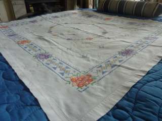 Vintage white cotton embroidered floral tablecloth  