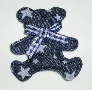 Denim Padded Teddy Bear Appliques Blue with Stars  