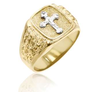 MENS 14K YELLOW GOLD RING ACCENTED w/ WG CROSS DESIGN  