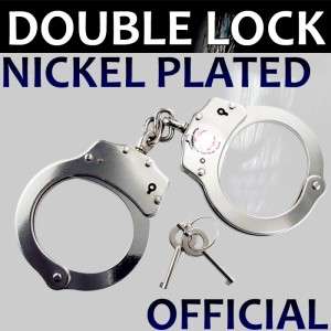 Police Handcuffs NICKEL PLATED Double Lock REAL Hand Cuffs W/ 2 Keys 