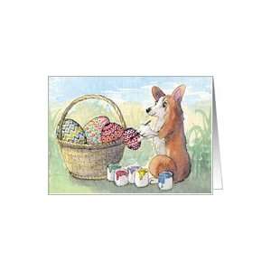  Welsh Corgi dog painting Easter eggs. Card Health 