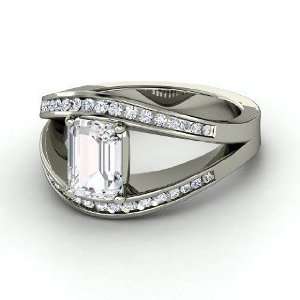  Cleopatra Ring, Emerald Cut White Sapphire 14K White Gold Ring 