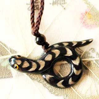 Ox Horn Carved Lovely Snake Pendant Necklace Adjustable  