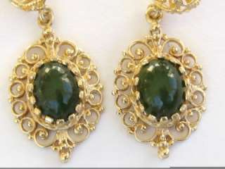 14K Gold Jade Scrolled Dangle Drop Earrings  