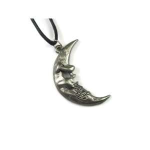 Crescent Moon Gothic Skull Pewter Pendant with Adjustable 