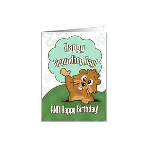 Happy Groundhog Day and Birthday  Cute Groundhog Illustration Card