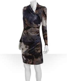 Donna Morgan grey printed jersey ruched asymmetrical neck dress 