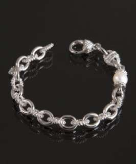 Judith Ripka pearl and textured silver chain link bracelet   