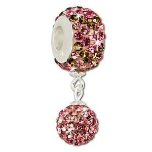  Pom Pom Glitter Bead with pink Czech crystals, 925 Sterling Silver 