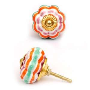   Cabinet Knobs with Flower Ring Pattern of Pink, Orange, and Blue Green