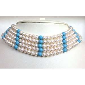   Rows Round Pearl & Turquoise Bead Choker Necklace